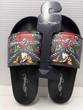 Ed Hardy Traditional Eagle Red Rose Tattoo Green Leaf Slides Sandal Mens Size 12